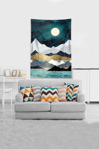 uygun dekor Albastru-alb Lunar Eclipse Stain Resistant Velvet Fabric Tapet Tapiserie Tapiserie
