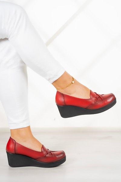 Erkan Saçmacı Shay Red Genuine Leather - Wedge Heel Casual Shoes