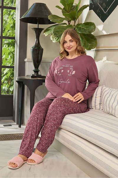 Aydoğan Women's Pearl Large Size Smile Dried Rose Pajama Set 0657