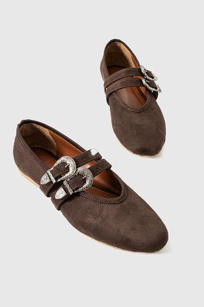 Feyz istanbul Chi̇esa Women's Ballerinas - Brown Suede, Double Buckle