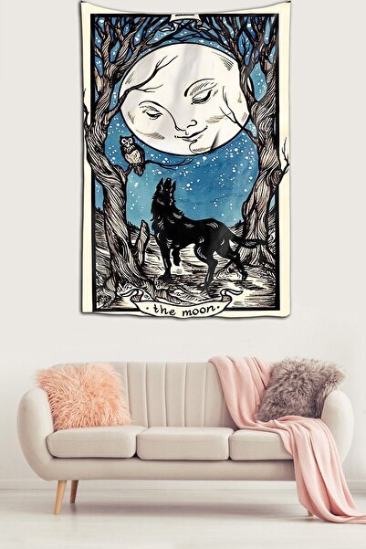 Pelangi The Moon Tarot Ay Ve Kurt Desen Leke Tutmaz Kadife Kumaş Duvar Örtüsü...