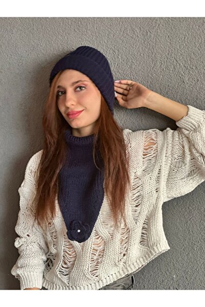 Gönülden Tasarım Ручна робота, м'яка жіноча шапка з коміром, стандартний розмір, синій