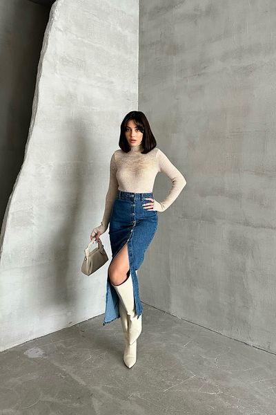 XRAY JEANS Blugi de damă, până la gleznă, cu fante lungi, cu nasturi, fustă albastră din denim