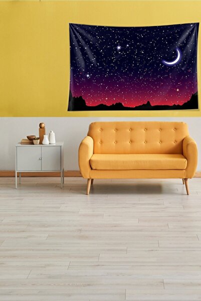 farbala Mor Ay Ve Yıldız Leke Tutmaz Kadife Kumaş Duvar Örtüsü Duvar Halısı T...