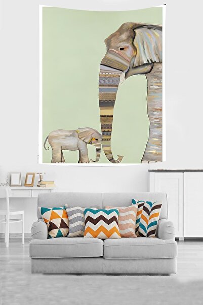 linazaitun Elephant And Cub Stain Resistant Fabric Wall Cover Wall Carpet Tap...