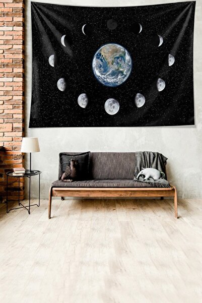 Pelangi Ayın Evreleri Uzay Desen Leke Tutmaz Kadife Dokulu Kumaş Duvar Örtüsü...