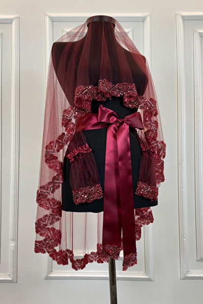 ZEYMERADE طقم حجاب زفاف باللون الأحمر الداكن، خرز زجاجي مزين على شكل قلب وترت...