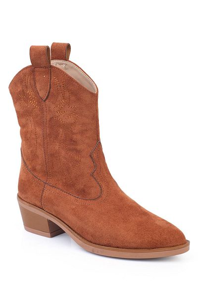 ShoeTek Tan Suede Cowboy Boots - Χοντρό τακούνι και μοτίβο ραφής