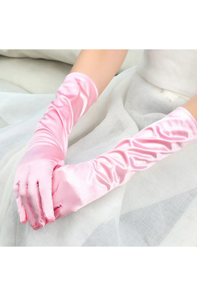 Marsilyan Long Size Extra Shiny Satin Gloves Pink Color (4887)