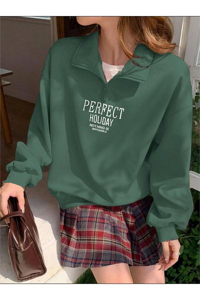 RASCHA Hanorac oversize cu jumătate de fermoar cu imprimeu perfect verde pentru femei