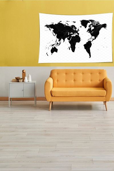 Pelangi World Map Patterned - Black and White Velvet Tapestry, Stain-Proof Wall Tapestry
