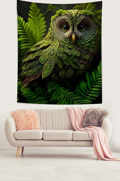 uygun dekor Green Owl Non-Slip Fabric Tapestry - Wall Cover and Carpet
