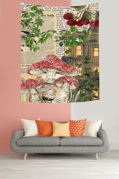 uygun dekor Stain Resistant Fabric Wall Cover - Raspberry and Mushrooms Tapestry