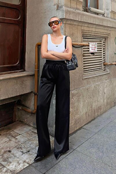 Swist Černé dámské saténové kalhoty s rovným pasem se stahovací šňůrkou