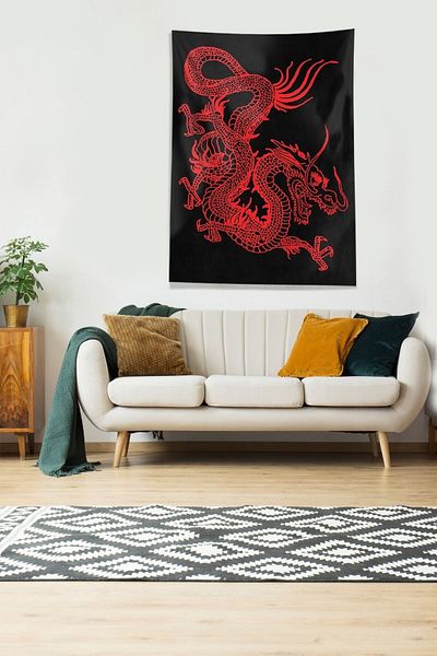 Pelangi Black Red Dragon Patterned Hard-Wearing Velvet Tapestry