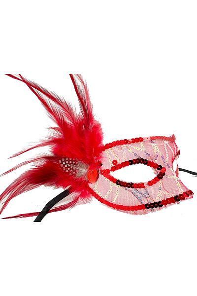 Ethab Ticaret Red Color Side Feather Sequin Sequin Embroidered Party Mask 23X12 cm (4457)