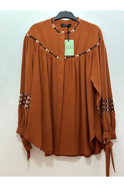 Kayra Brick Color Embroidery Detailed Judge Collar Tunic