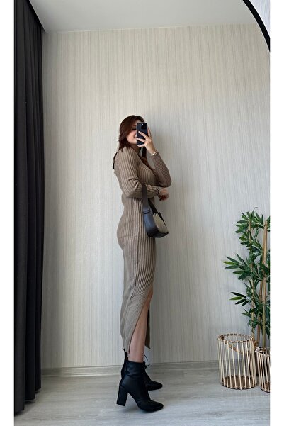 FASİON Yırtmaçlı Triko Elbise - Koyu Bej