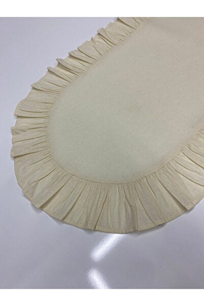 LILYUM %100 Pamuklu Bej Ham Keten Fırfırlı Oval Runner 40x110 Cm