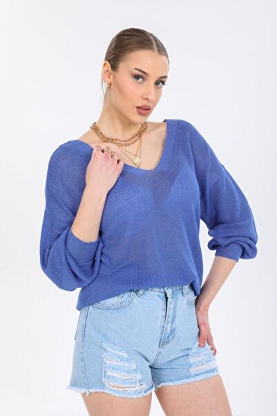 Su Moda Pulover de tricotaj pentru femei, cu decolteu în V, cu mâneci cu balon, mercerizat subțire - tricotat largi 3149