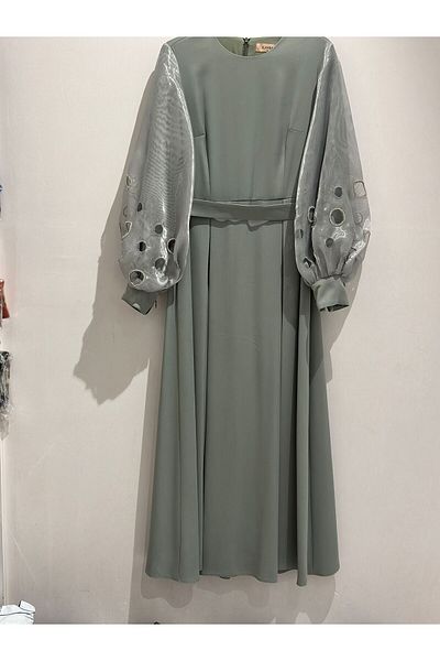 Kayra Satin Dress with Embroidered Sleeves