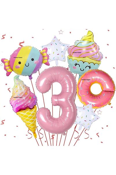 DÜVENCİ TİCARET 7 Pieces Pentagram Rainbow and Pink Donut Foil Balloons Set