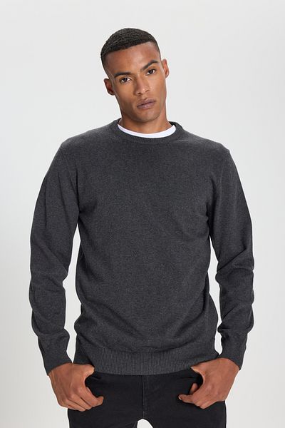ALTINYILDIZ CLASSICS Men's Anthracite-Melange Cotton Standard Fit Regular Cut Crew Neck Knitwear Sweater