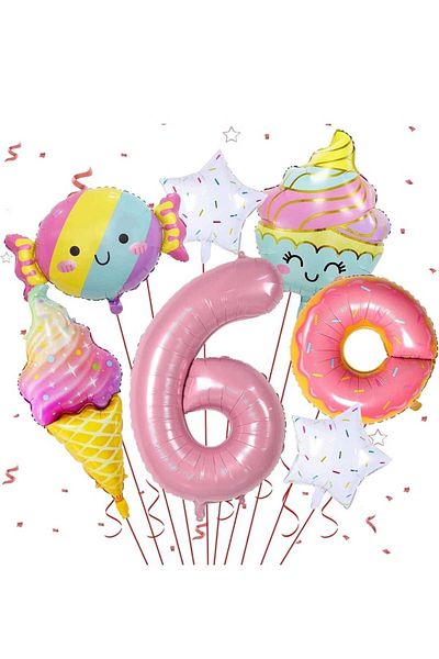 DÜVENCİ TİCARET 7 Pieces Pentagram Rainbow and Pink Donut Foil Balloons Set