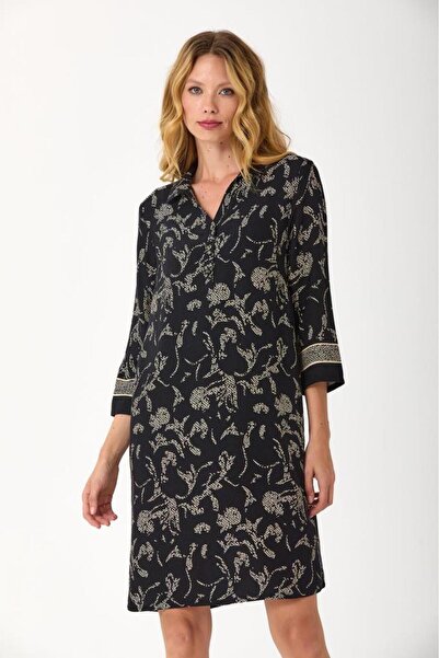 İKİLER ¾ Kol Önü Düğmeli Desenli Elbise 245-4000