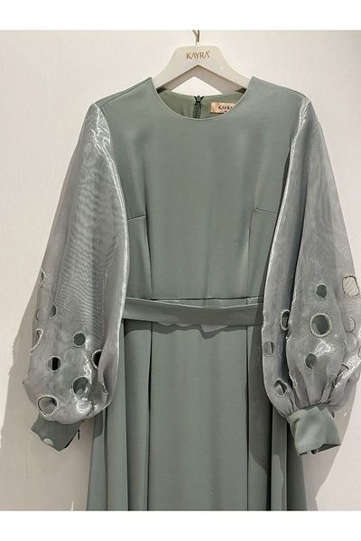Kayra Satin Dress with Embroidered Sleeves