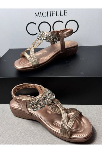 Michelle COCO Women's Sandals Black Leather Stone Detailed Massage Sole Feature