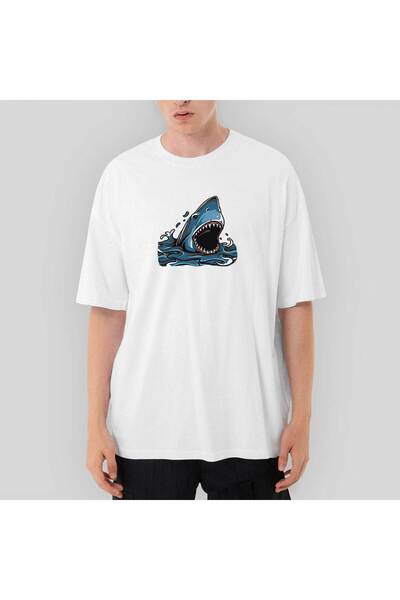 CrowsGate Tricou alb supradimensionat cu desene animate cu rechin