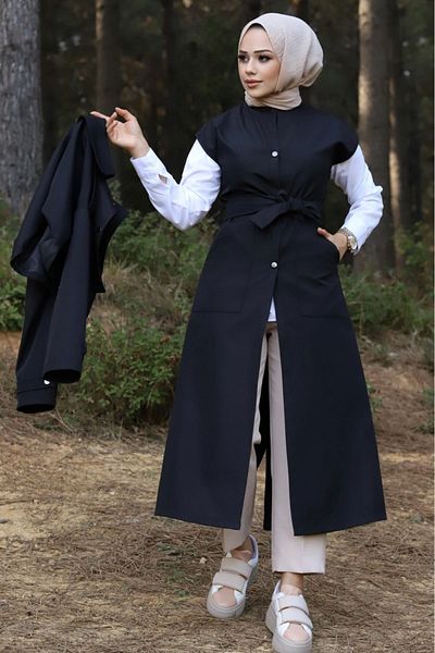 ALNİSS COLLECTİON Snap-On Trench Coat with Vest and Lining Detail