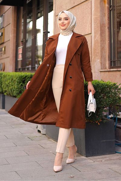ALNİSS COLLECTİON Double Breasted Collar and Waist Belted Lined Shoulder Trench Coat