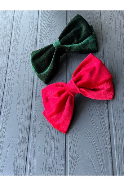 MADE BY PERİ Green or Red Velvet Double Bow, Child/Adult Automatic Buckle