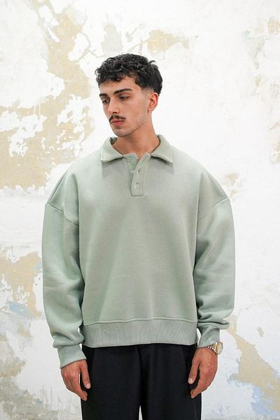 HAFKAGİYİM Φούτερ Ice Green Cozy Basic Oversize Polo γιακά