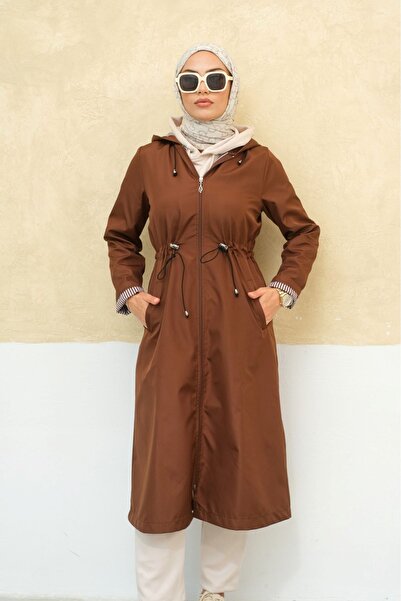 ALNİSS COLLECTİON Büyük Beden Fermuarlı Kendinden Astarlı Uzun Tesettür Trençkot