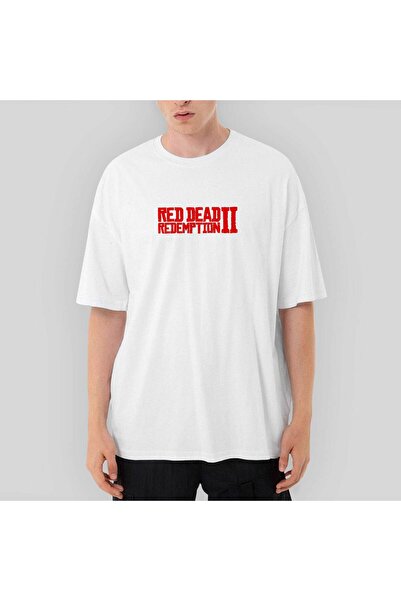 CrowsGate Tricou alb supradimensionat cu text roșu Red Dead Redemption 2