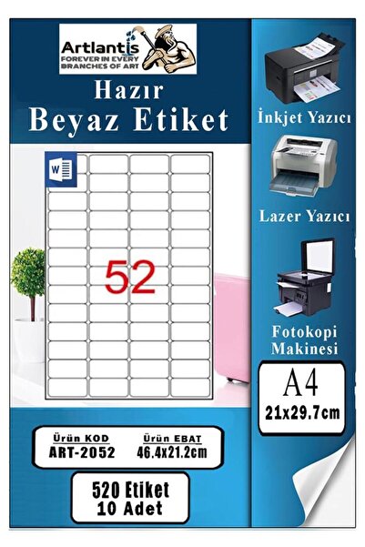 Artlantis A4 Hazır Etiket 46.4x21.2 mm 10 Sayfa 1 Paket 52 li Kendinden Yapış...