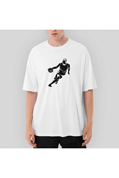 CrowsGate Tricou alb cu siluetă coș de baschet supradimensionat XL