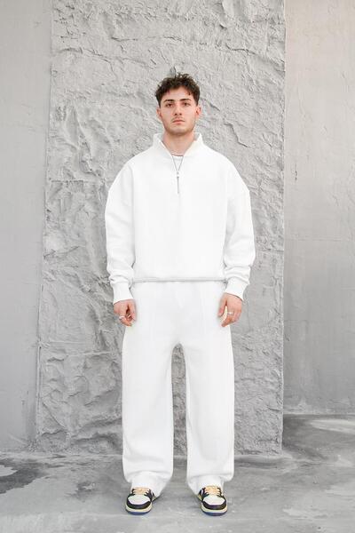 HAFKAGİYİM ΛΕΥΚΟ Άνετο Βασικό Φούτερ με μισό φερμουάρ Oversize