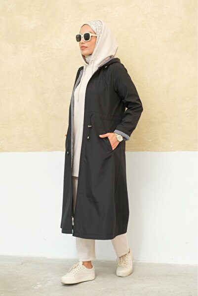 ALNİSS COLLECTİON Büyük Beden Fermuarlı Kendinden Astarlı Uzun Tesettür Trençkot
