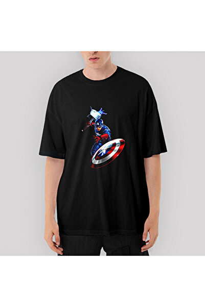 CrowsGate Captain America Mjolnir și Scutul supradimensionat Tricou Negru XL