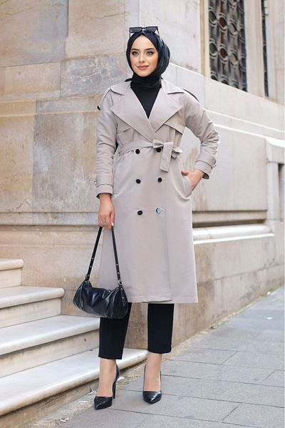 ALNİSS COLLECTİON Double Breasted Collar and Waist Belted Lined Shoulder Trench Coat