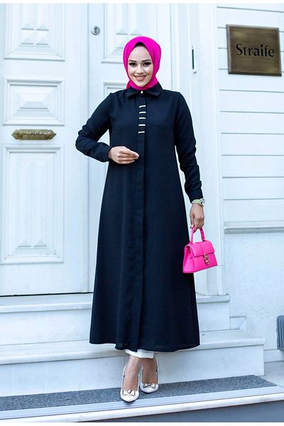 ALNİSS COLLECTİON Long Ferace Tunic with Buckle Detail on the Front and Hidden Buttons