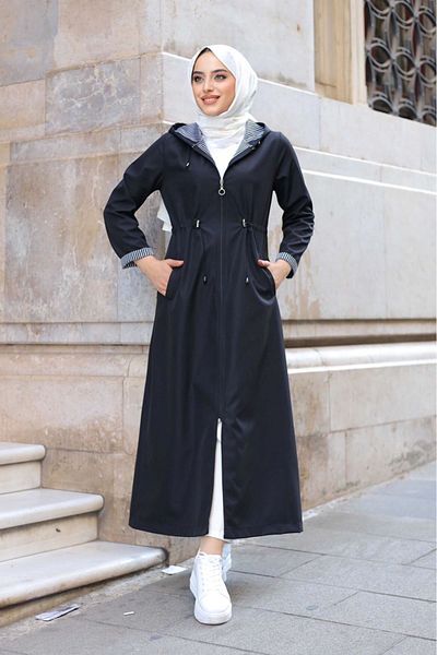 ALNİSS COLLECTİON Ολόσωμη ριγέ κουκούλα μακριά καμπαρντίνα - Λεπτομέρεια στον αστράγαλο
