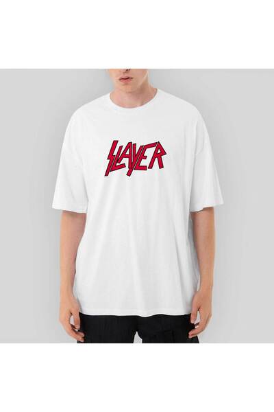 CrowsGate تي شيرت أبيض كلاسيكي كبير الحجم بشعار Slayer