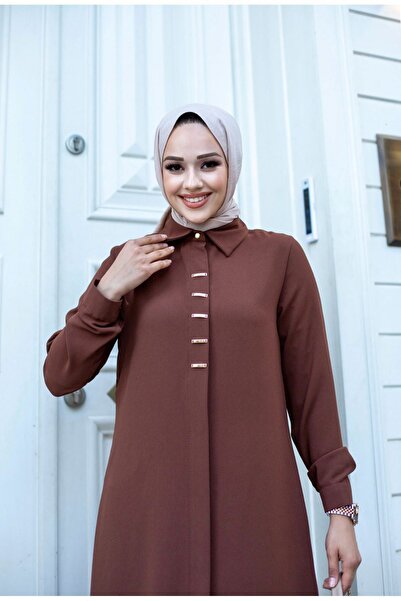 ALNİSS COLLECTİON Long Ferace Tunic with Buckle Detail on the Front and Hidden Buttons