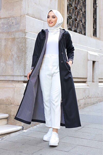 ALNİSS COLLECTİON Bileği ve İçi Çizgili Kapüşonlu Tam Boy Uzun Trençkot