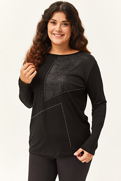 Ebsumu Γυναικεία μπλούζα με πέτρα και δερμάτινη εμφάνιση με λεπτομέρεια